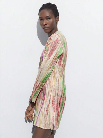 Maija Women's Apricot Print Crew Neck Button Decoration Asymmetrical Ruffle Long Sleeve Simple Short Dress, All-Match Style For Autumn/Winter