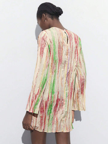 Maija Women's Apricot Print Crew Neck Button Decoration Asymmetrical Ruffle Long Sleeve Simple Short Dress, All-Match Style For Autumn/Winter