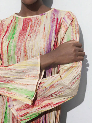 Maija Women's Apricot Print Crew Neck Button Decoration Asymmetrical Ruffle Long Sleeve Simple Short Dress, All-Match Style For Autumn/Winter