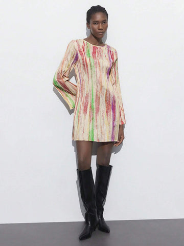 Maija Women's Apricot Print Crew Neck Button Decoration Asymmetrical Ruffle Long Sleeve Simple Short Dress, All-Match Style For Autumn/Winter