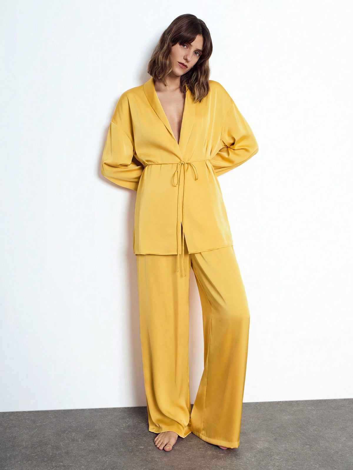 Maija Women's Autumn/Winter 2-Piece Set: Satin Solid Color Tie Front Long Sleeve Casual Cardigan Jacket And Elastic Waist Pants, Sleepwear Suit