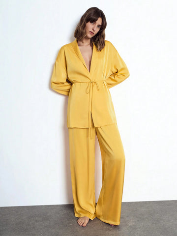 Maija Women's Autumn/Winter 2-Piece Set: Satin Solid Color Tie Front Long Sleeve Casual Cardigan Jacket And Elastic Waist Pants, Sleepwear Suit