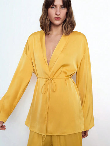 Maija Women's Autumn/Winter 2-Piece Set: Satin Solid Color Tie Front Long Sleeve Casual Cardigan Jacket And Elastic Waist Pants, Sleepwear Suit