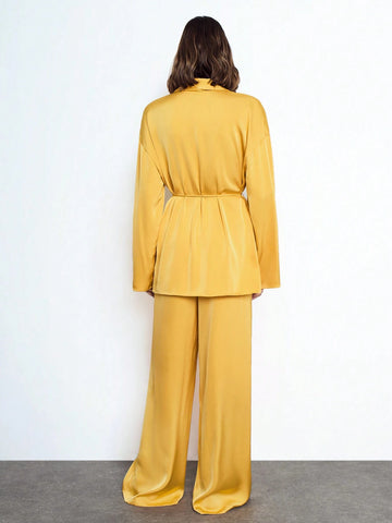 Maija Women's Autumn/Winter 2-Piece Set: Satin Solid Color Tie Front Long Sleeve Casual Cardigan Jacket And Elastic Waist Pants, Sleepwear Suit