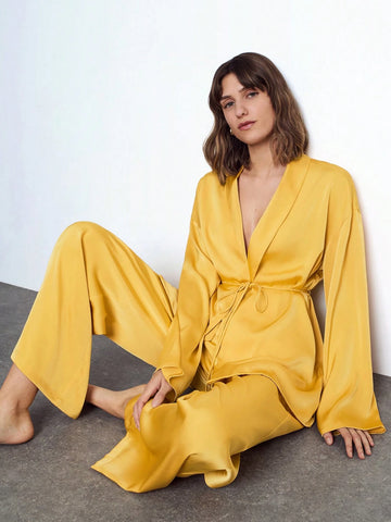 Maija Women's Autumn/Winter 2-Piece Set: Satin Solid Color Tie Front Long Sleeve Casual Cardigan Jacket And Elastic Waist Pants, Sleepwear Suit