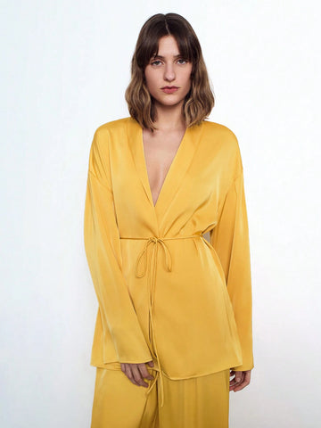 Maija Women's Autumn/Winter 2-Piece Set: Satin Solid Color Tie Front Long Sleeve Casual Cardigan Jacket And Elastic Waist Pants, Sleepwear Suit