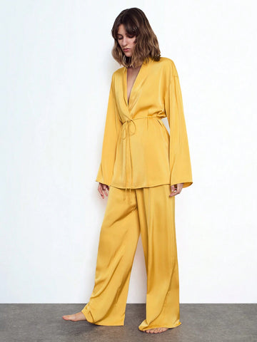 Maija Women's Autumn/Winter 2-Piece Set: Satin Solid Color Tie Front Long Sleeve Casual Cardigan Jacket And Elastic Waist Pants, Sleepwear Suit