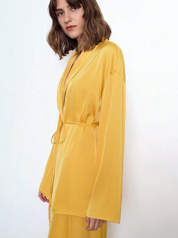 Maija Women's Autumn/Winter 2-Piece Set: Satin Solid Color Tie Front Long Sleeve Casual Cardigan Jacket And Elastic Waist Pants, Sleepwear Suit