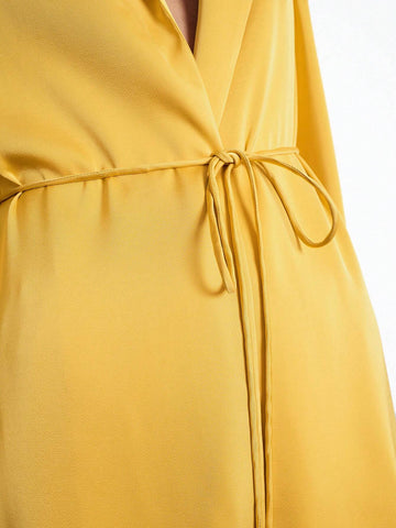 Maija Women's Autumn/Winter 2-Piece Set: Satin Solid Color Tie Front Long Sleeve Casual Cardigan Jacket And Elastic Waist Pants, Sleepwear Suit