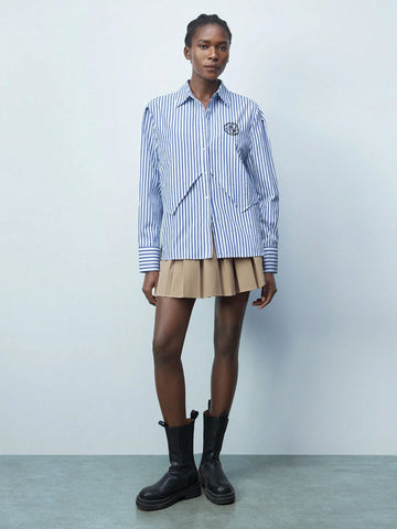 Maija Women's Autumn Letter & Striped Long Sleeve Single-Breasted Casual Shirt