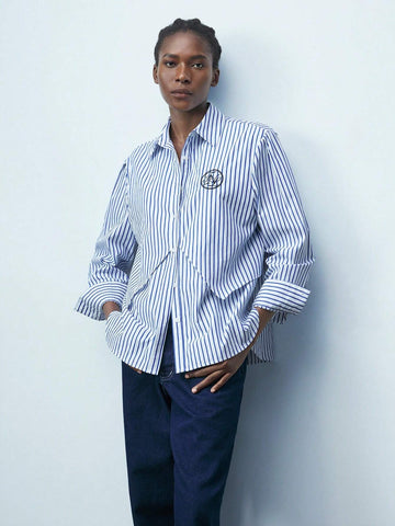 Maija Women's Autumn Letter & Striped Long Sleeve Single-Breasted Casual Shirt