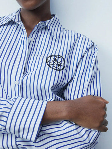 Maija Women's Autumn Letter & Striped Long Sleeve Single-Breasted Casual Shirt