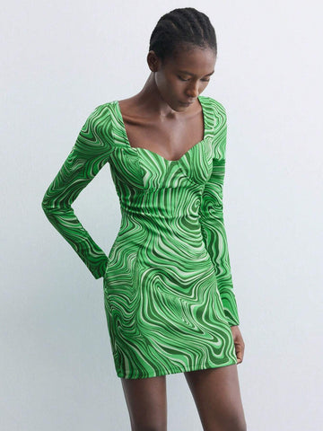 Maija Women's Autumn Marble Print Sweet Collar Long Sleeve Mini Dress, Fashionable