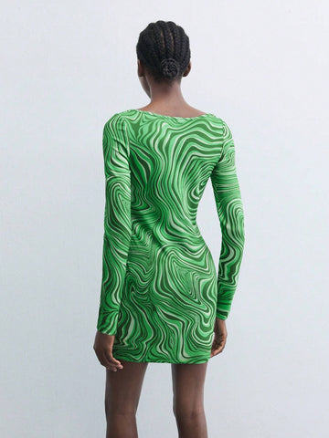 Maija Women's Autumn Marble Print Sweet Collar Long Sleeve Mini Dress, Fashionable