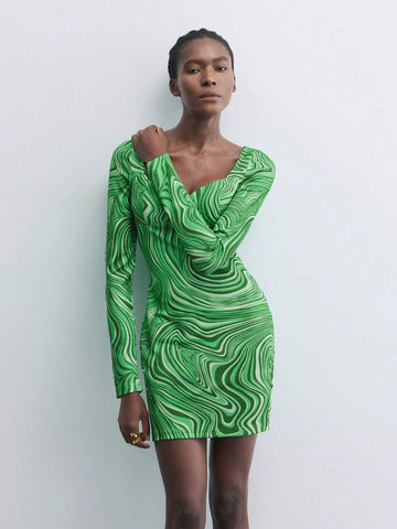 Maija Women's Autumn Marble Print Sweet Collar Long Sleeve Mini Dress, Fashionable