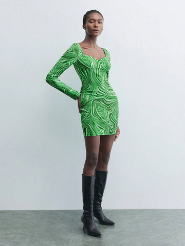 Maija Women's Autumn Marble Print Sweet Collar Long Sleeve Mini Dress, Fashionable