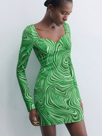 Maija Women's Autumn Marble Print Sweet Collar Long Sleeve Mini Dress, Fashionable