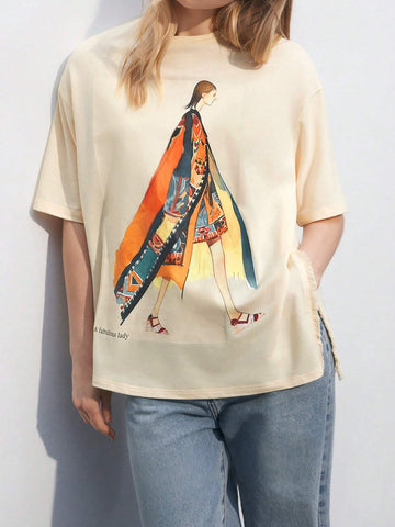 Women's Back To School Casual Loose Fit Graphic Print Round Neck Short Sleeve T-Shirt, Summer