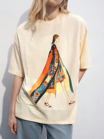 Women's Back To School Casual Loose Fit Graphic Print Round Neck Short Sleeve T-Shirt, Summer