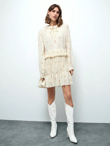 Maija Women's Beige & Light Pink Embroidered Textured Fabric Ruffled Collar Tie-Bow Gathered Long Sleeve Short Dress, Autumn/Winter