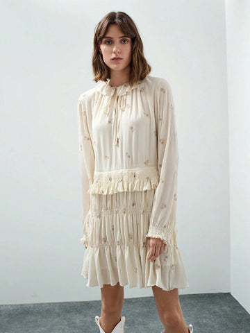 Maija Women's Beige & Light Pink Embroidered Textured Fabric Ruffled Collar Tie-Bow Gathered Long Sleeve Short Dress, Autumn/Winter