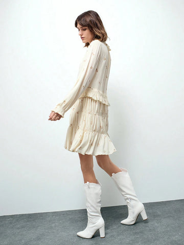 Maija Women's Beige & Light Pink Embroidered Textured Fabric Ruffled Collar Tie-Bow Gathered Long Sleeve Short Dress, Autumn/Winter