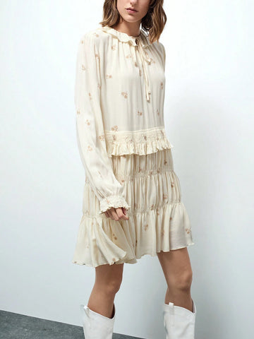 Maija Women's Beige & Light Pink Embroidered Textured Fabric Ruffled Collar Tie-Bow Gathered Long Sleeve Short Dress, Autumn/Winter