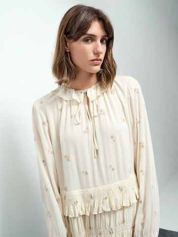 Maija Women's Beige & Light Pink Embroidered Textured Fabric Ruffled Collar Tie-Bow Gathered Long Sleeve Short Dress, Autumn/Winter