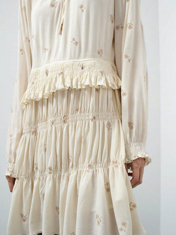 Maija Women's Beige & Light Pink Embroidered Textured Fabric Ruffled Collar Tie-Bow Gathered Long Sleeve Short Dress, Autumn/Winter