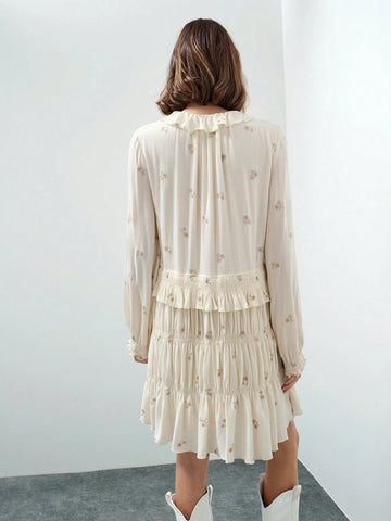 Maija Women's Beige & Light Pink Embroidered Textured Fabric Ruffled Collar Tie-Bow Gathered Long Sleeve Short Dress, Autumn/Winter