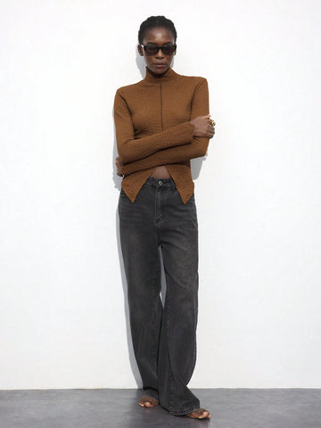 Women's Brown High Neck Fitted Hem Top, Versatile All-Match Pullover For Autumn And Winter, Modern And Comfortable