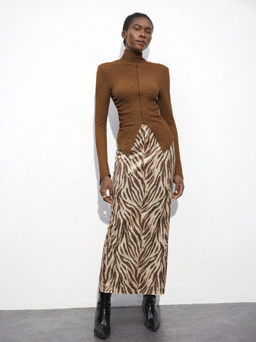 Women's Brown High Neck Fitted Hem Top, Versatile All-Match Pullover For Autumn And Winter, Modern And Comfortable