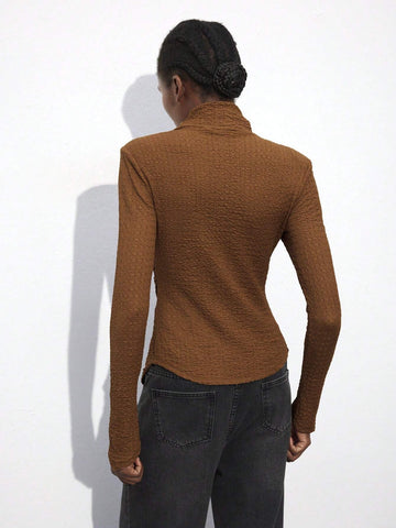 Women's Brown High Neck Fitted Hem Top, Versatile All-Match Pullover For Autumn And Winter, Modern And Comfortable