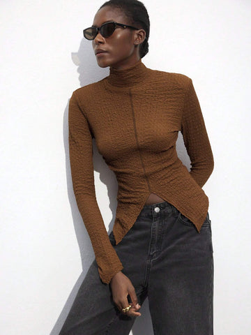 Women's Brown High Neck Fitted Hem Top, Versatile All-Match Pullover For Autumn And Winter, Modern And Comfortable