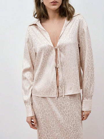 Maija Women's Casual/Work Leopard Pattern Jacquard Lace-Up Blouse