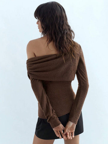 Women's Casual Asymmetric Neck Fitted Long Sleeve Simple Elegant Solid Color T-Shirt, Autumn