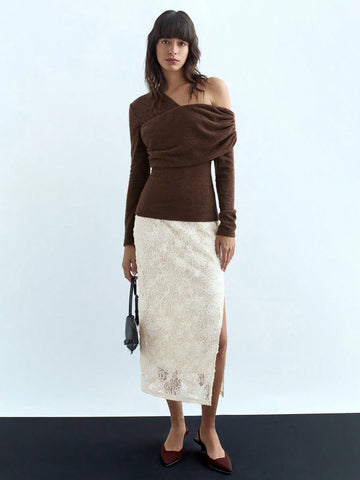 Women's Casual Asymmetric Neck Fitted Long Sleeve Simple Elegant Solid Color T-Shirt, Autumn