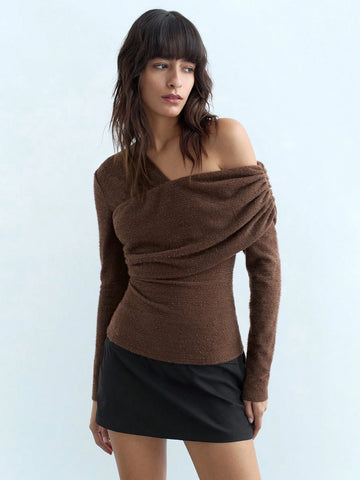 Women's Casual Asymmetric Neck Fitted Long Sleeve Simple Elegant Solid Color T-Shirt, Autumn