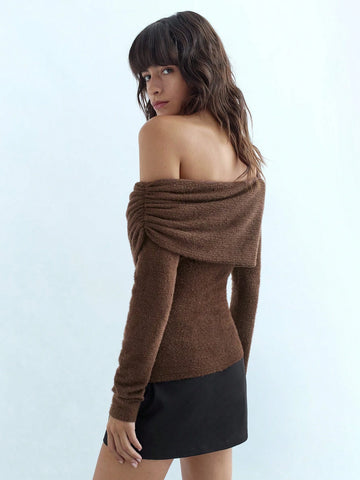 Women's Casual Asymmetric Neck Fitted Long Sleeve Simple Elegant Solid Color T-Shirt, Autumn