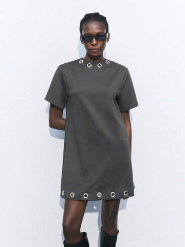 Maija Women's Casual Metal Eye Decor Short Sleeve Dress, Summer Fashion