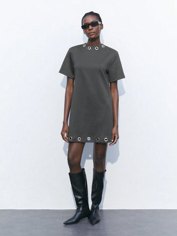 Maija Women's Casual Metal Eye Decor Short Sleeve Dress, Summer Fashion