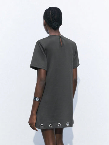 Maija Women's Casual Metal Eye Decor Short Sleeve Dress, Summer Fashion