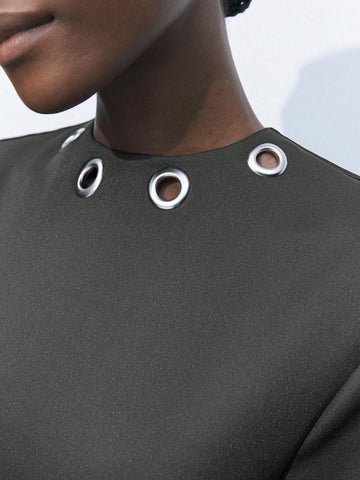 Maija Women's Casual Metal Eye Decor Short Sleeve Dress, Summer Fashion