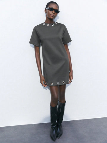 Maija Women's Casual Metal Eye Decor Short Sleeve Dress, Summer Fashion