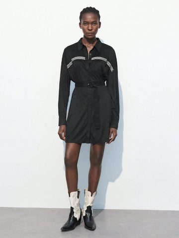 Maija Women's Casual Patchwork Ribbon Front Button Waisted Shirt Dress, For Autumn