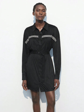 Maija Women's Casual Patchwork Ribbon Front Button Waisted Shirt Dress, For Autumn