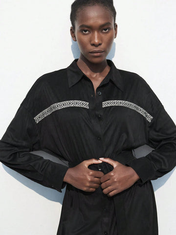 Maija Women's Casual Patchwork Ribbon Front Button Waisted Shirt Dress, For Autumn