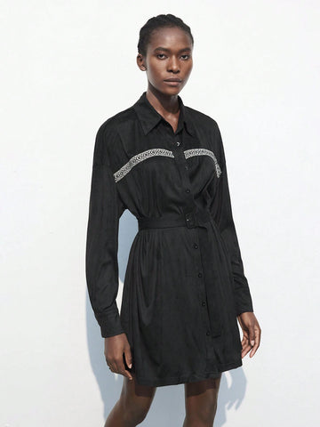 Maija Women's Casual Patchwork Ribbon Front Button Waisted Shirt Dress, For Autumn