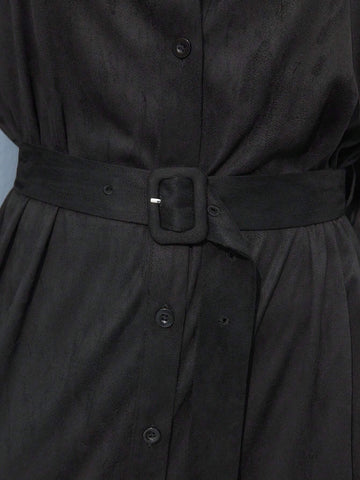 Maija Women's Casual Patchwork Ribbon Front Button Waisted Shirt Dress, For Autumn