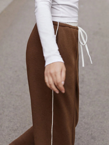 Maija Women's Casual Simple Contrasting Trim Drawstring Waist Sweatpants